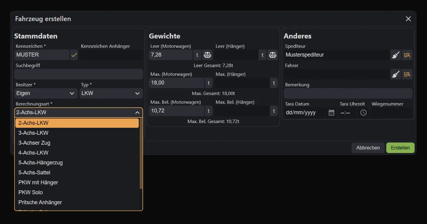 TBScale — Fahrzeug­auswahl