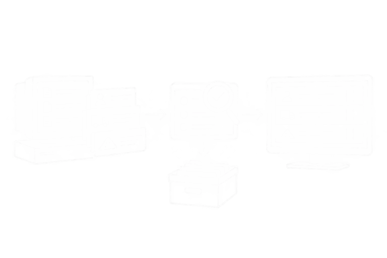 Weiße Linienzeichnung der geprüften Übernahme und Bereinigung von Altdaten mit separater Archivierung historischer Daten