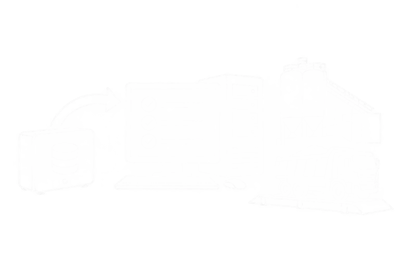 Weiße Linienzeichnung einer Datensicherung, ihrer Rücksicherung auf das lokale System und des Wiederanlaufs an der Waage