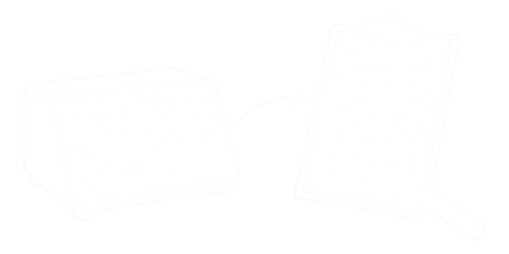 Feine weiße Linienzeichnung eines Waagen-Auswertegeräts, eines Prüfprotokolls und einer Lupe mit Häkchen zur Kontrolle von Wiegedaten