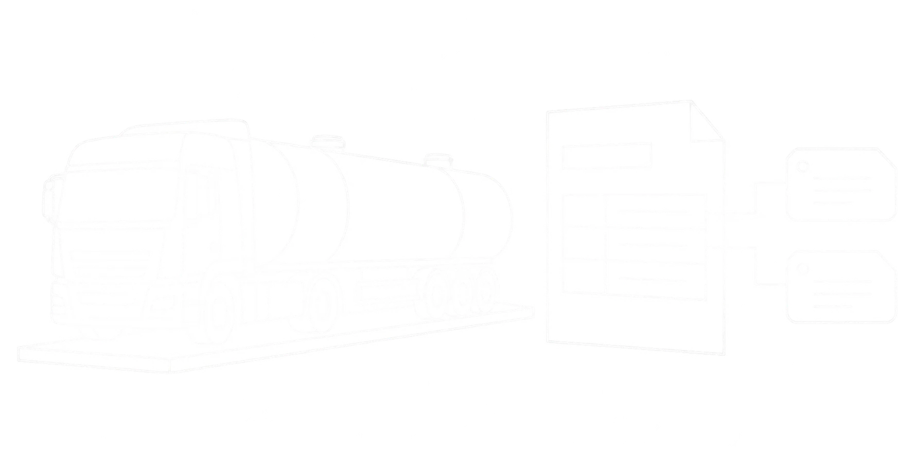 Feine weiße Linienzeichnung eines Tankwagens auf einer Fahrzeugwaage neben einem Lieferdokument mit zwei getrennt zugeordneten Chargenkennungen