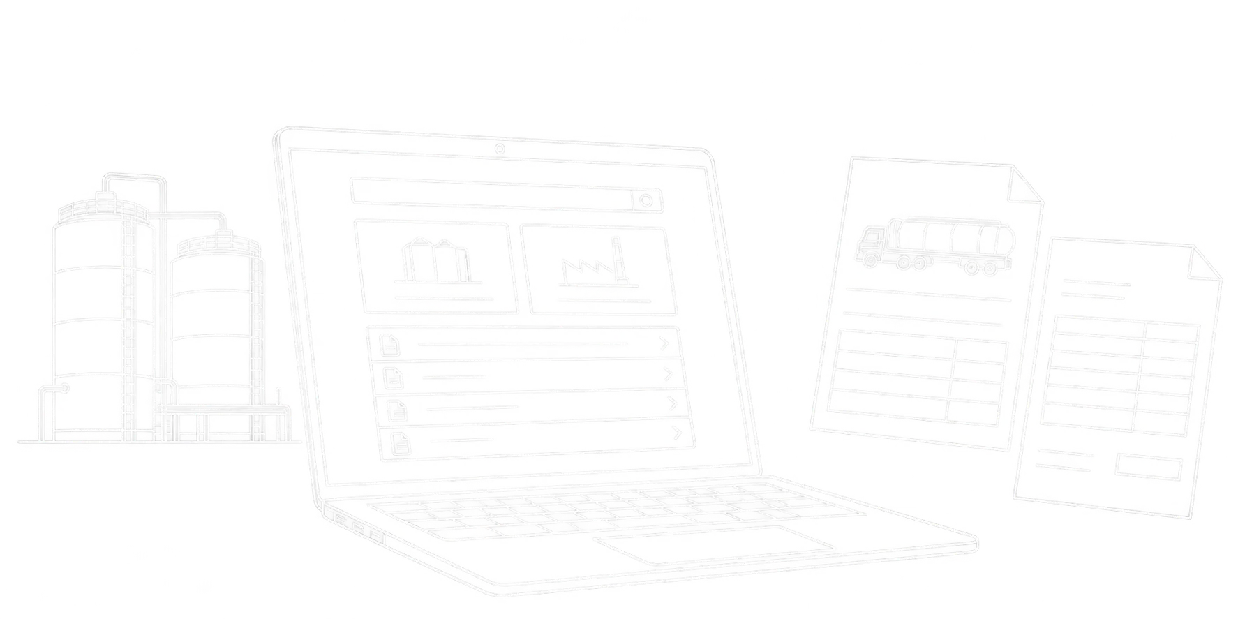 Laptop mit Dokumentensuche und Standortauswahl, zwei Chemietanks sowie ein Lieferschein mit Tankwagen und eine Rechnung als feine weiße Linienzeichnung