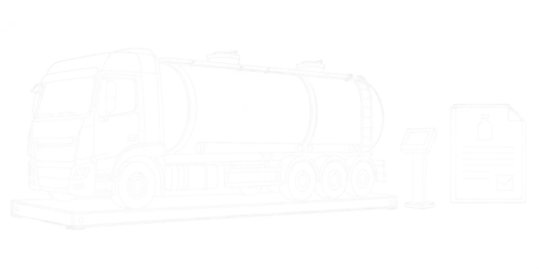 Weiße technische Linienzeichnung eines Tankwagens auf einer Fahrzeugwaage mit separatem Wiegeterminal und Lieferbeleg für den Wareneingang