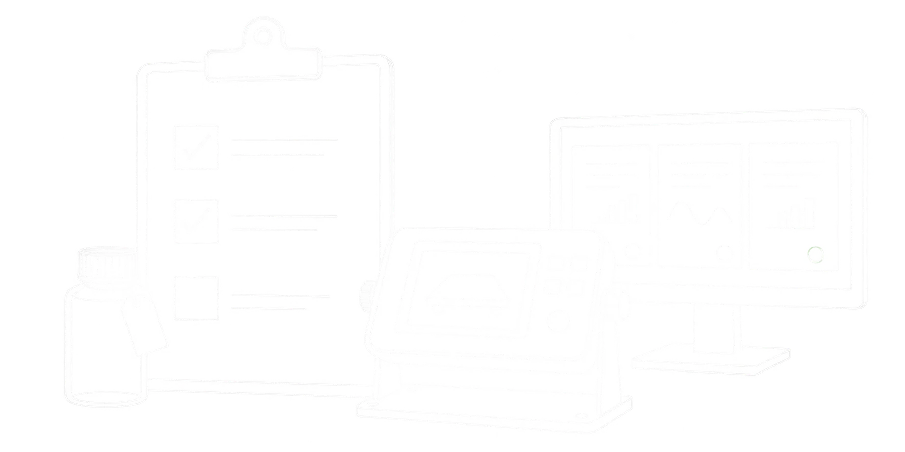 Weiße technische Linienzeichnung einer Anforderungscheckliste mit Probenflasche, Wiegeterminal und Monitor zum Vergleich von Wiegesoftware