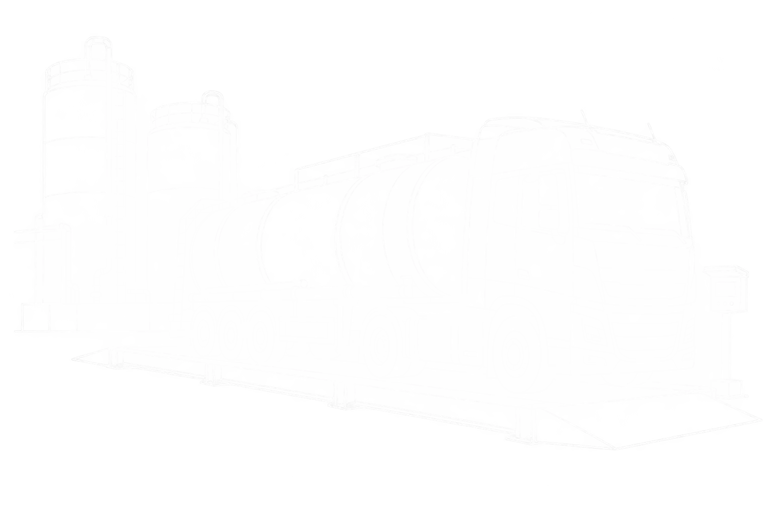 Weiße Linienzeichnung eines Tankzugs auf einer Fahrzeugwaage vor Lagertanks eines Chemiebetriebs