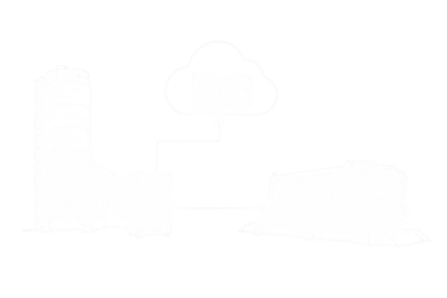 Weiße Linienzeichnung eines Baustoffwerks mit lokalem Server, Fahrzeugwaage und angebundenen Cloud-Diensten