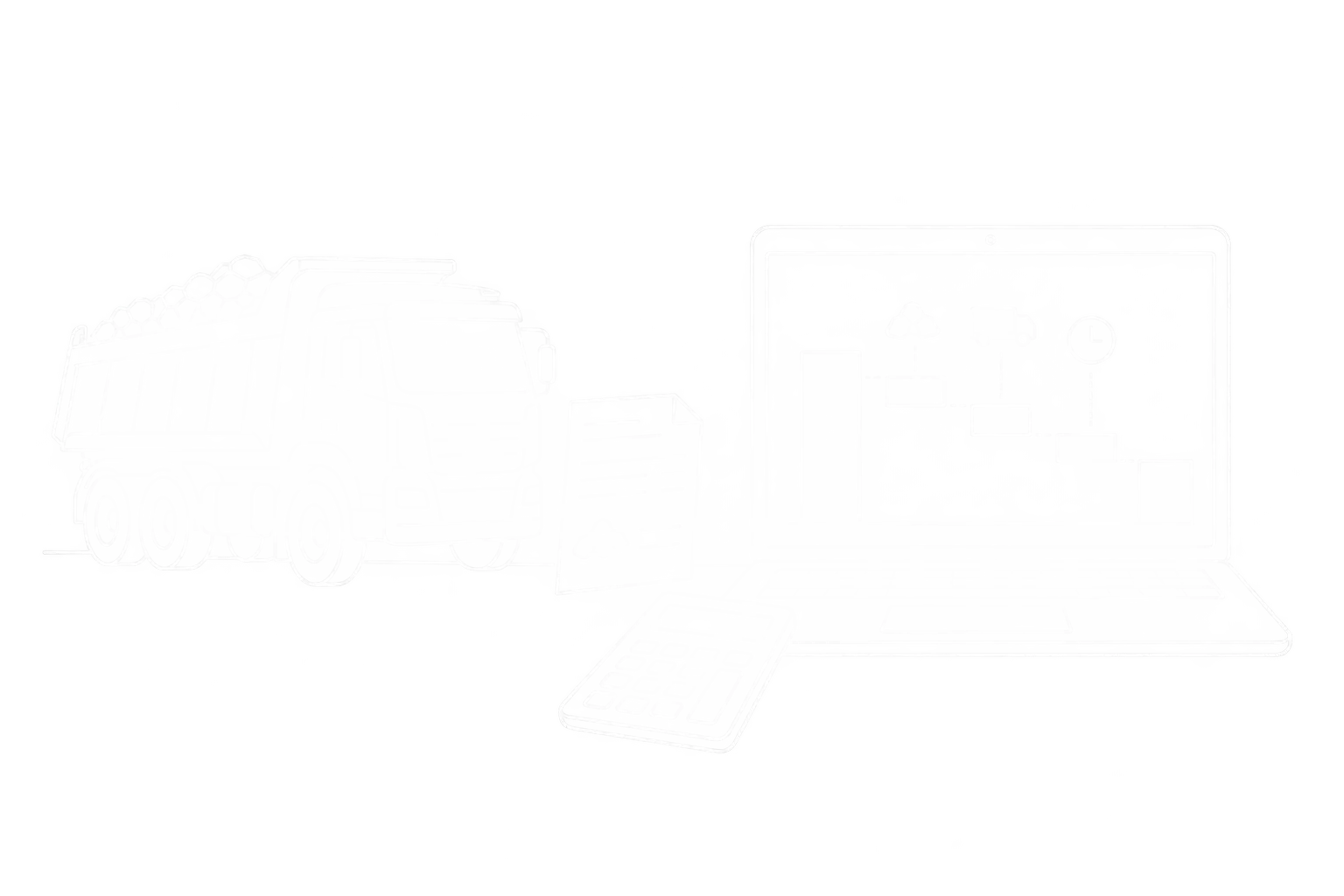 Weiße Linienzeichnung einer Baustofflieferung mit Auswertung von Erlös, Material-, Transport- und Zeitkosten