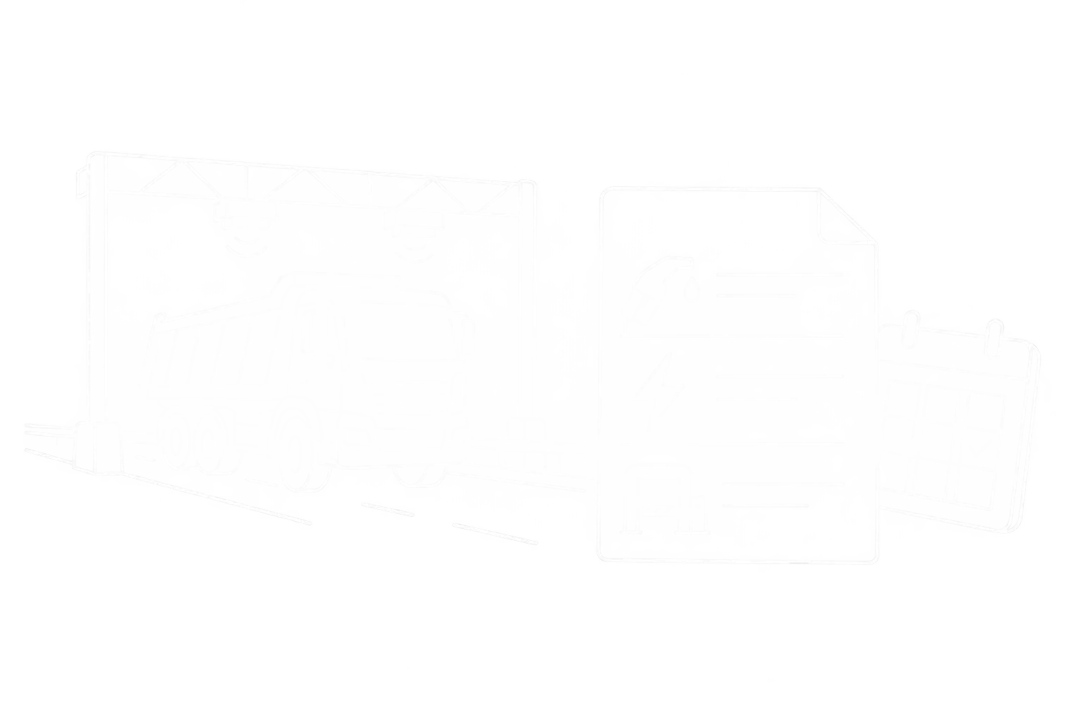 Weiße Linienzeichnung eines Lkw am Mautportal mit Rechnungsposten für Diesel, Energie und Maut