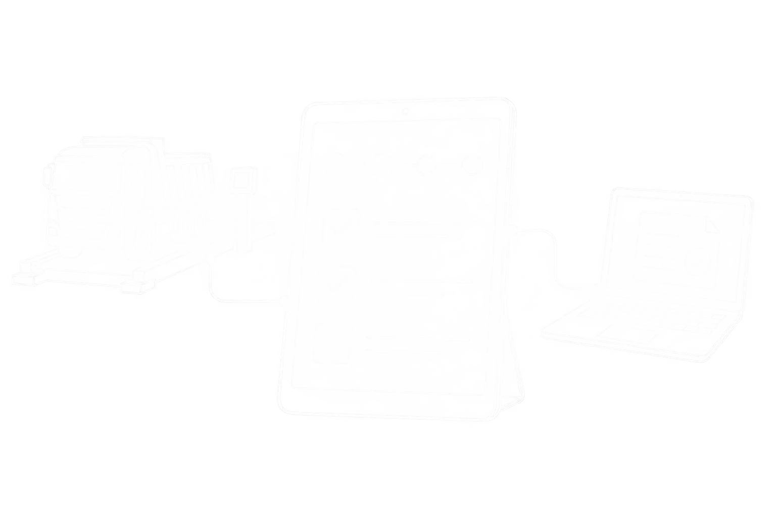 Weiße Linienzeichnung eines Tablets mit Einführungscheckliste, einer Fahrzeugwaage und einem verbundenen Büroarbeitsplatz