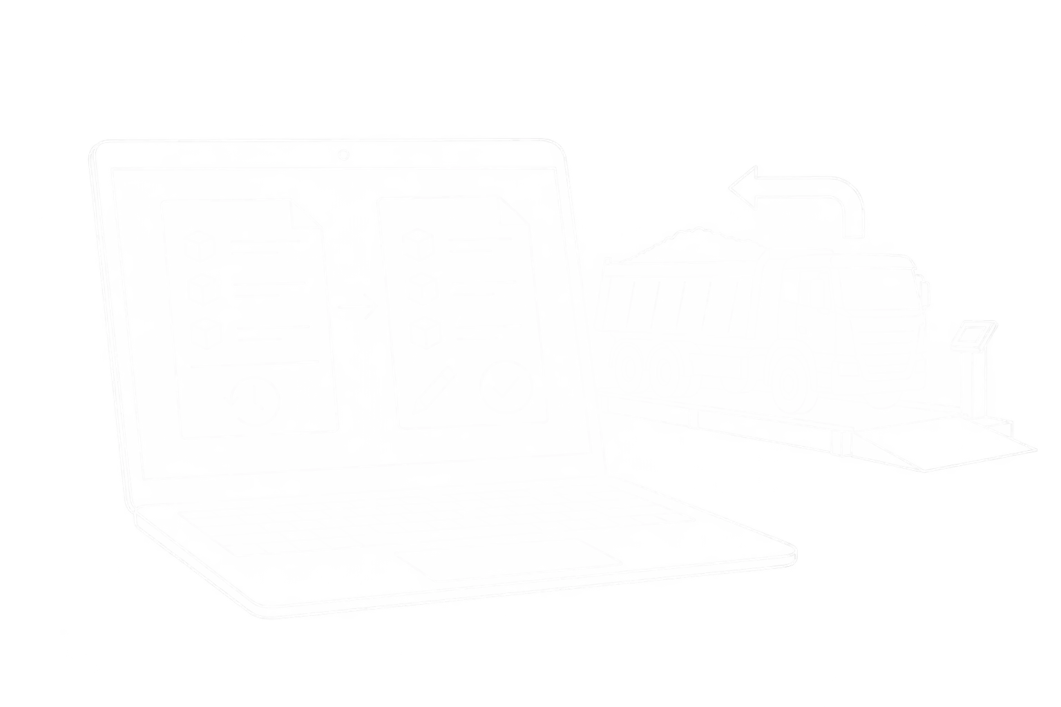 Weiße Linienzeichnung eines Laptops mit verknüpften Belegständen und einer Lkw-Rücklieferung zur Fahrzeugwaage
