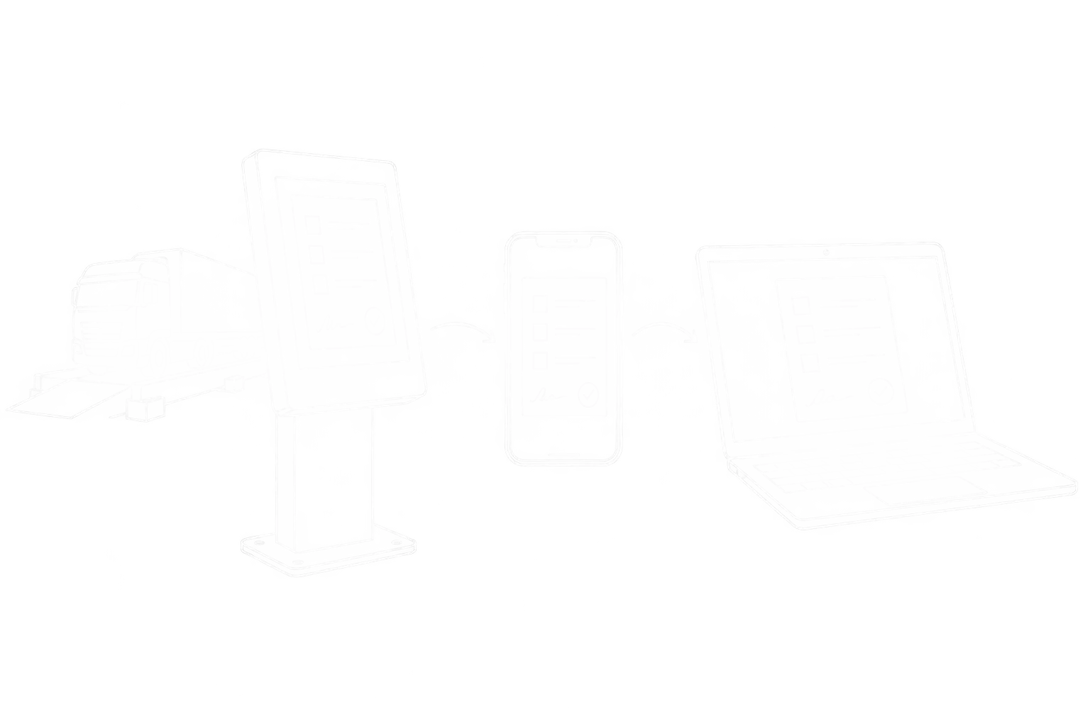 Weiße Linienzeichnung eines papierlosen Belegwegs vom Wiegeterminal über ein Smartphone zum Laptop