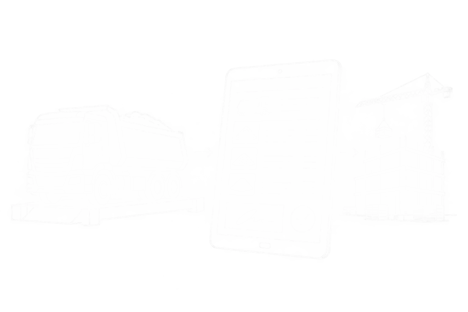 Weiße Linienzeichnung eines digitalen Lieferscheins zwischen Fahrzeugwaage und Baustelle