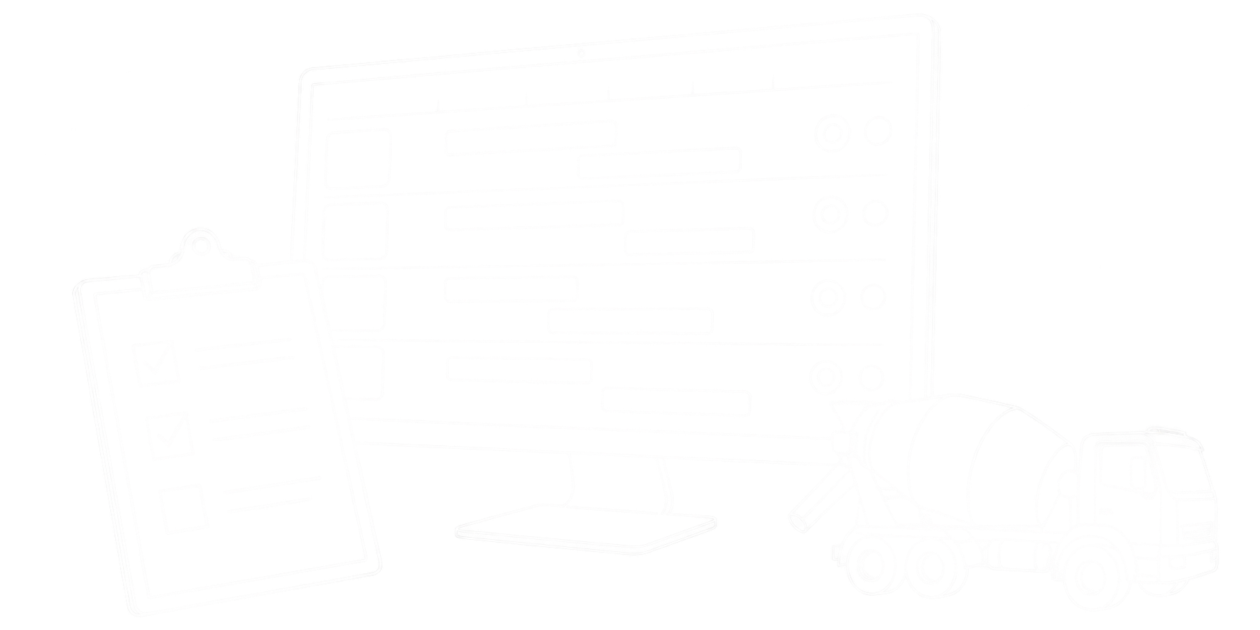 Feine weiße Linienzeichnung einer digitalen Plantafel mit versetzten Planungsblöcken, einem Klemmbrett mit Prüfliste und einem kleinen Fahrmischer