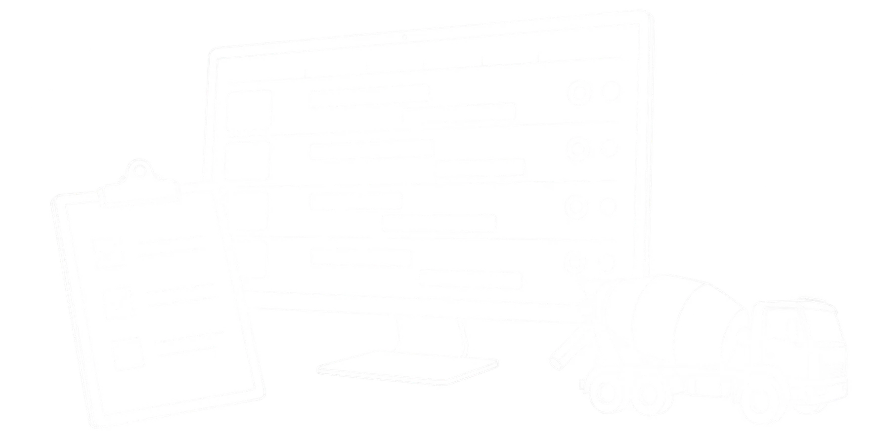 Feine weiße Linienzeichnung einer digitalen Plantafel mit versetzten Planungsblöcken, einem Klemmbrett mit Prüfliste und einem kleinen Fahrmischer