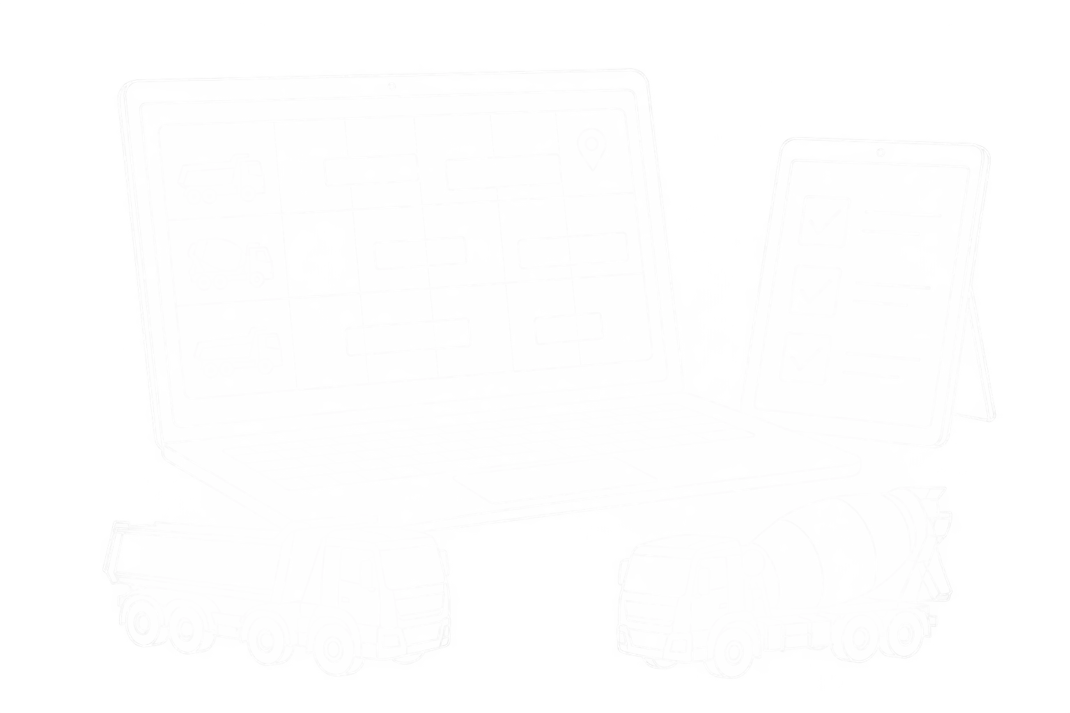 Weiße Linienzeichnung einer digitalen Plantafel mit Fahrzeugplanung und einer Auswahlcheckliste
