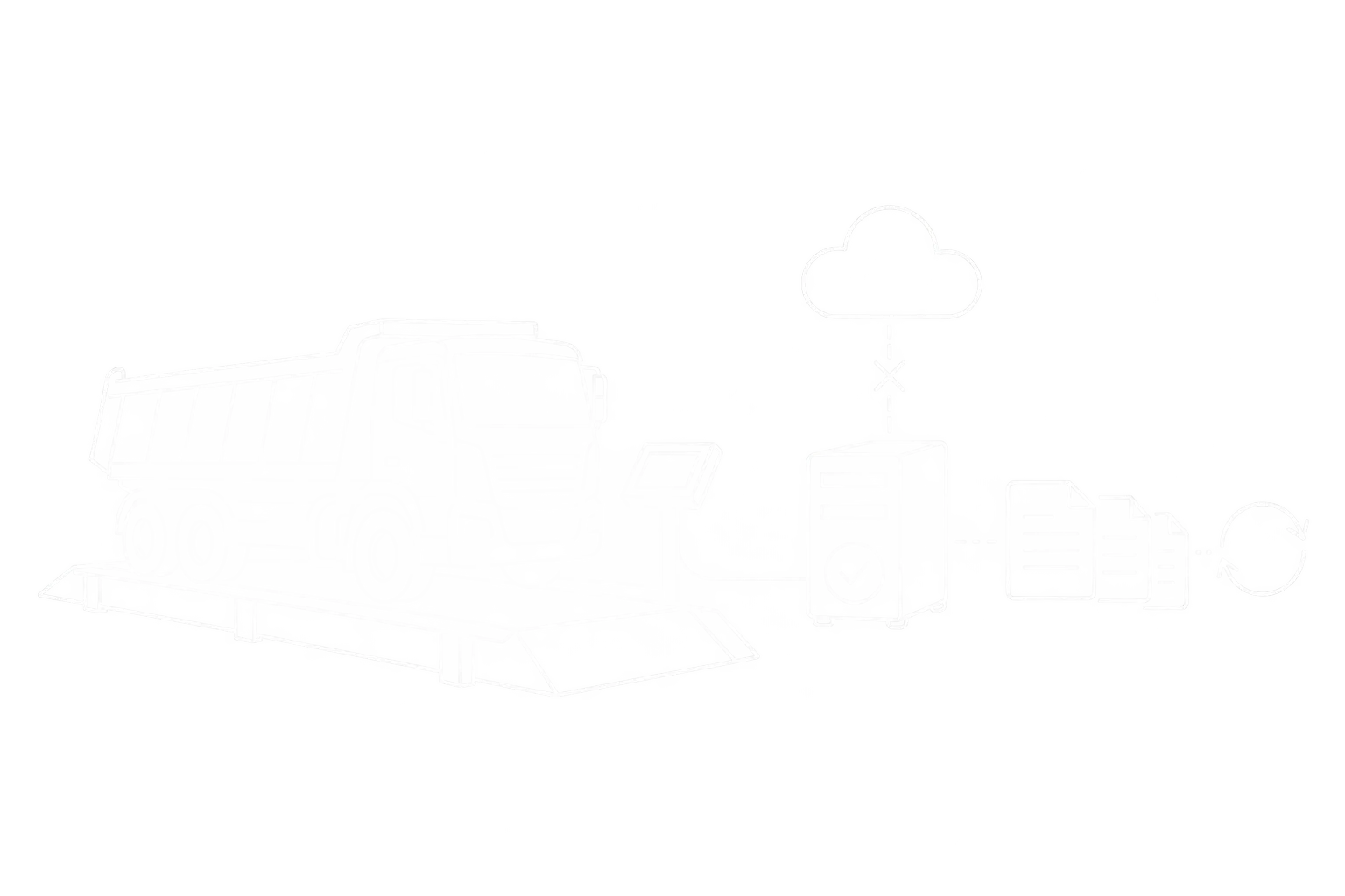 Weiße Linienzeichnung einer lokal arbeitenden Fahrzeugwaage bei unterbrochener Cloud-Verbindung mit späterem Datenabgleich