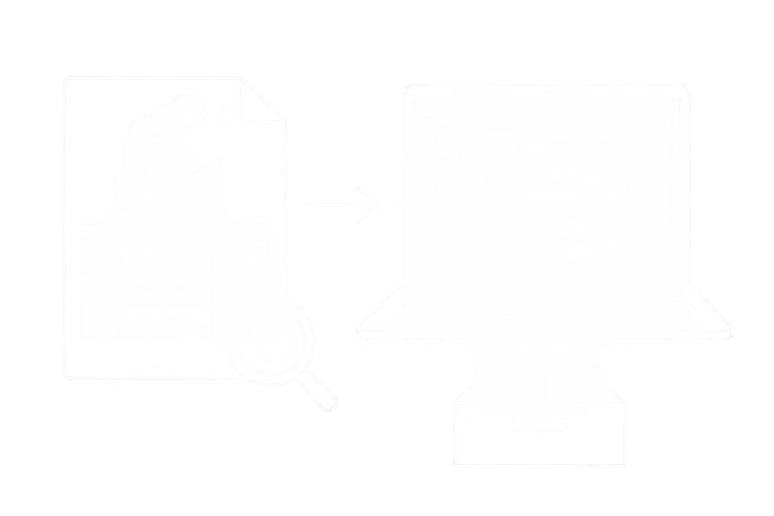 Weiße Linienzeichnung der Prüfung von Umweltproduktdeklarationen und der versionierten Pflege von Emissionsfaktoren mit Gültigkeit