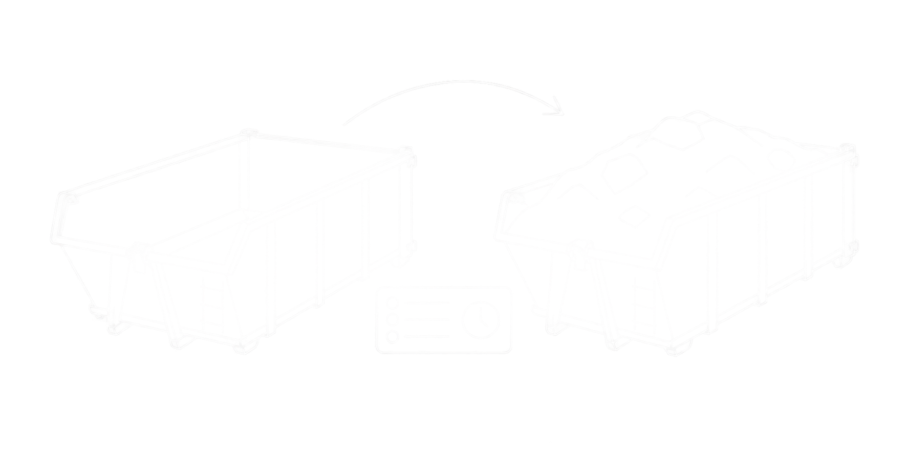 Feine weiße Linienzeichnung eines leeren und eines mit Schüttgut beladenen Containers, verbunden mit Pfeil und Datenkarte mit Uhrsymbol