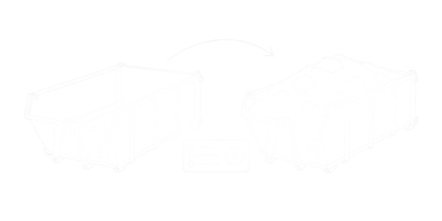 Feine weiße Linienzeichnung eines leeren und eines mit Schüttgut beladenen Containers, verbunden mit Pfeil und Datenkarte mit Uhrsymbol