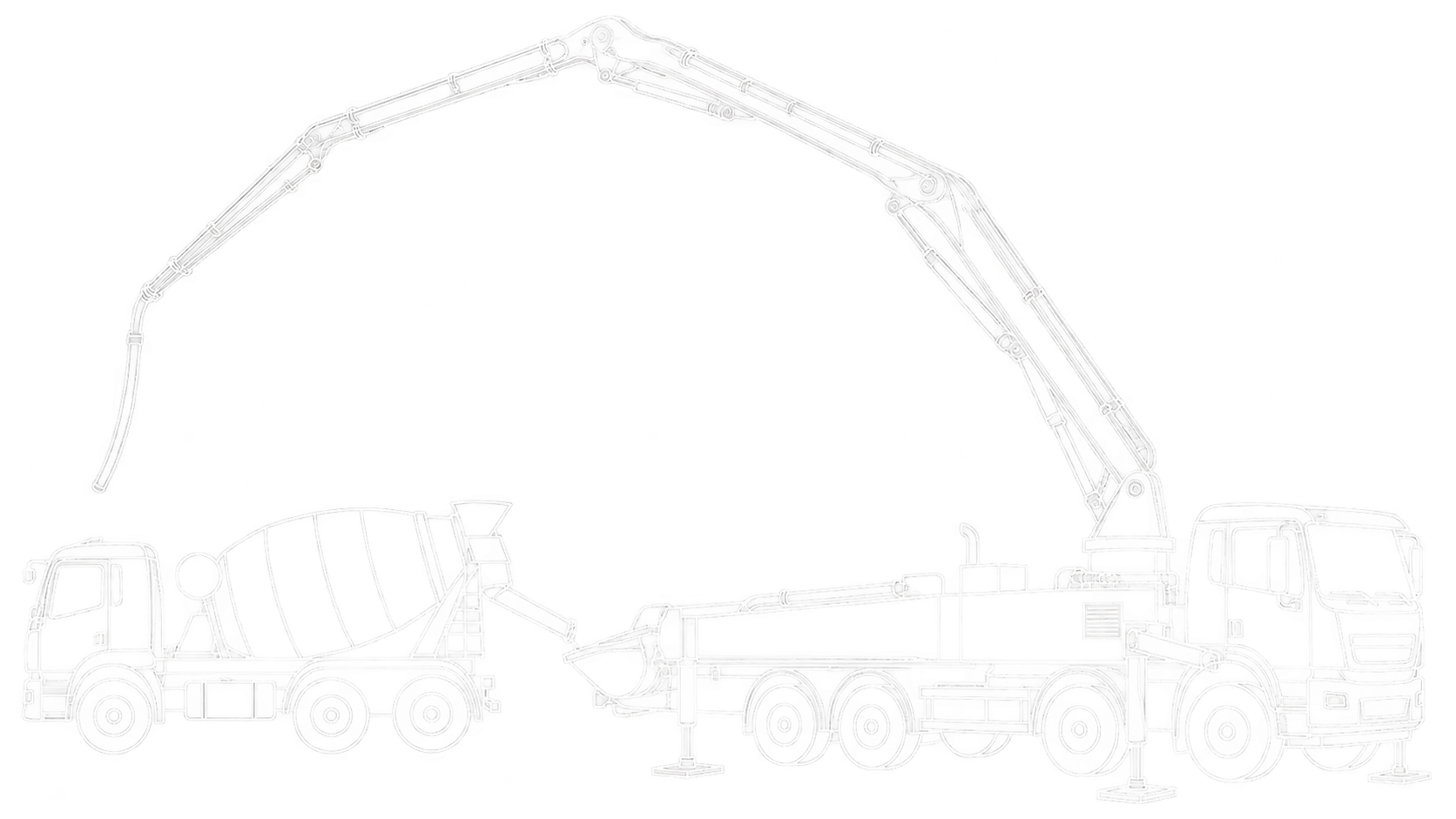 Feine weiße Linienzeichnung einer abgestützten Autobetonpumpe mit ausgeklapptem Verteilermast und einem zugeordneten Fahrmischer