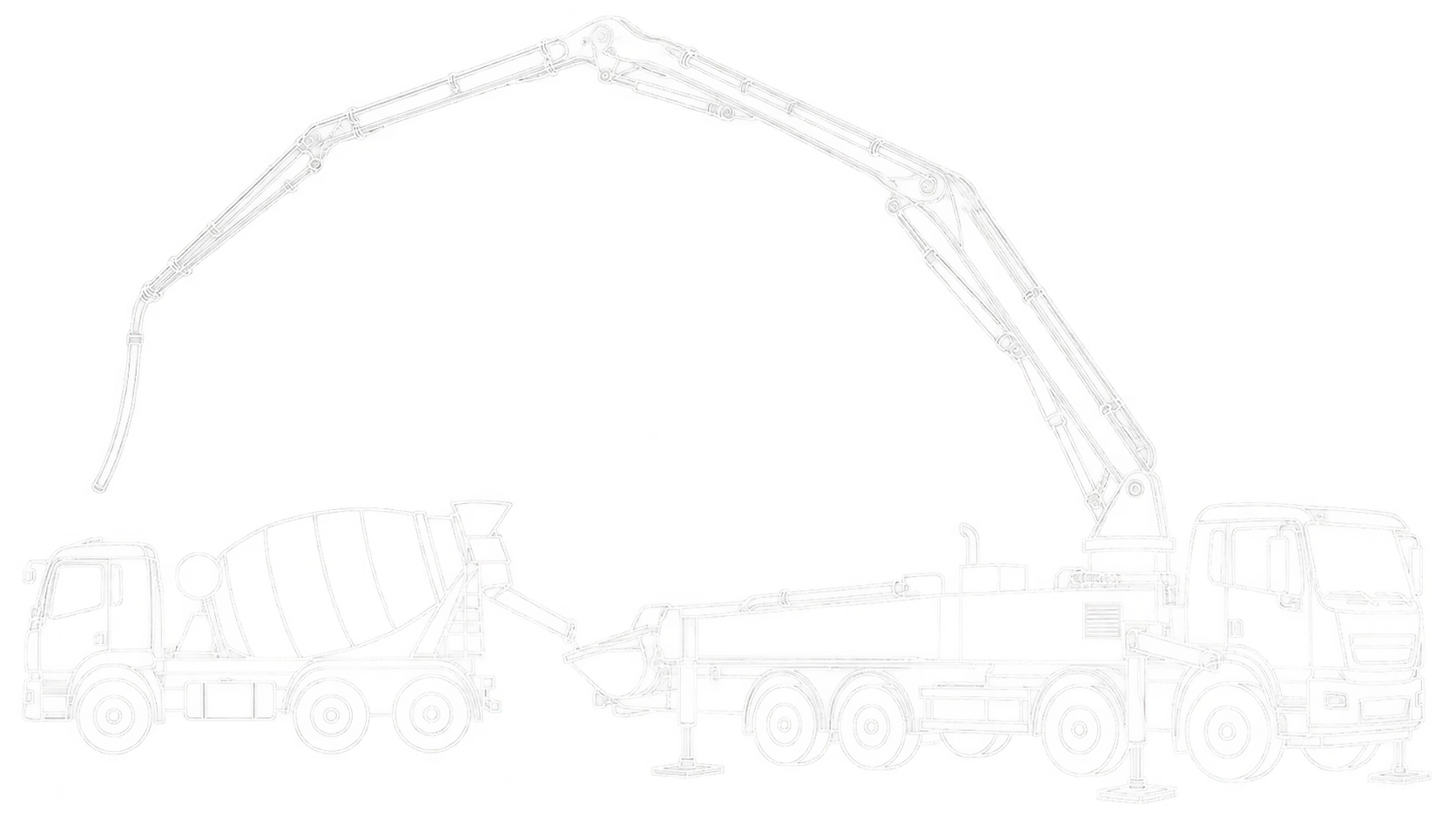 Feine weiße Linienzeichnung einer abgestützten Autobetonpumpe mit ausgeklapptem Verteilermast und einem zugeordneten Fahrmischer