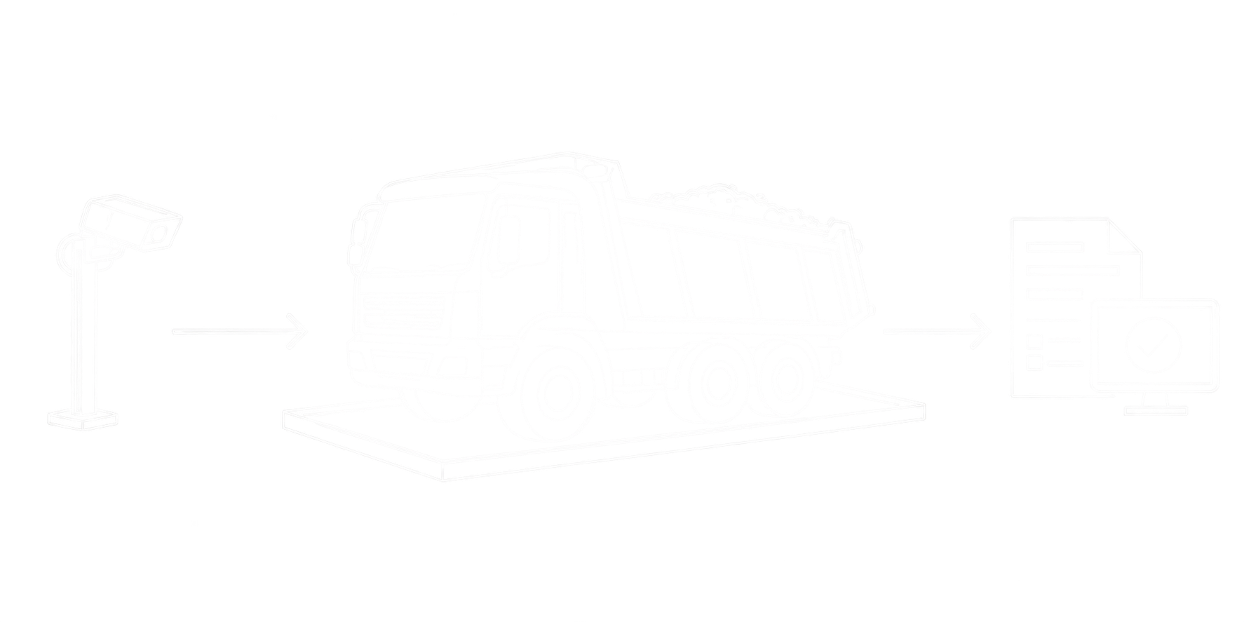 Feine weiße Linienzeichnung eines Lkw auf einer Fahrzeugwaage, verbunden mit Fahrzeugerkennung, digitalem Beleg und Bildschirm