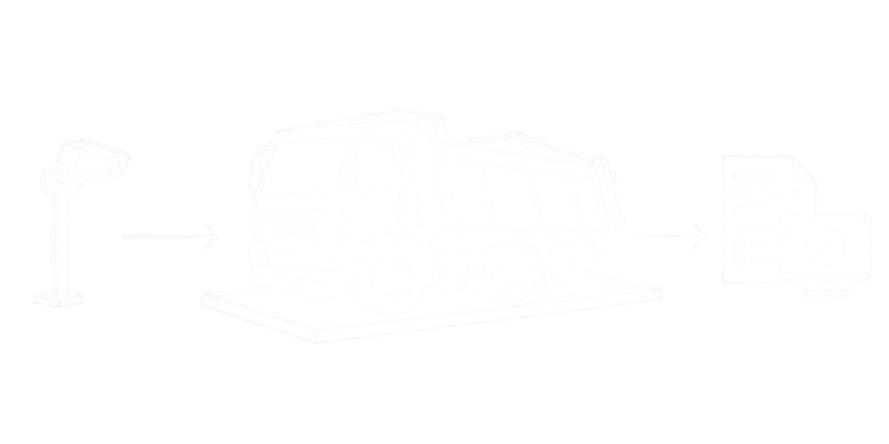 Feine weiße Linienzeichnung eines Lkw auf einer Fahrzeugwaage, verbunden mit Fahrzeugerkennung, digitalem Beleg und Bildschirm