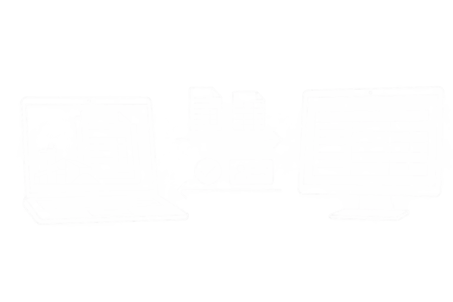 Weiße Linienzeichnung des Datenaustauschs zwischen Fakturierung und Finanzbuchhaltung mit Belegen und Zahlungsrückmeldungen