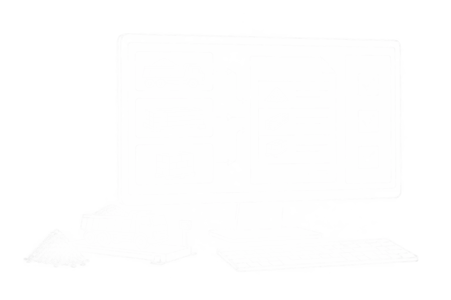 Weiße Linienzeichnung einer Fakturierungssoftware mit Rechnungspositionen, Belegbezug und Prüfcheckliste