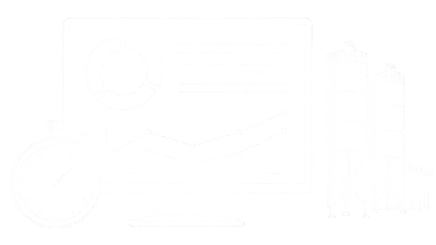 Weiße Linienillustration einer Kennzahlenübersicht mit Vergleichskurven, Stoppuhr und Baustoffsilos für die Disposition
