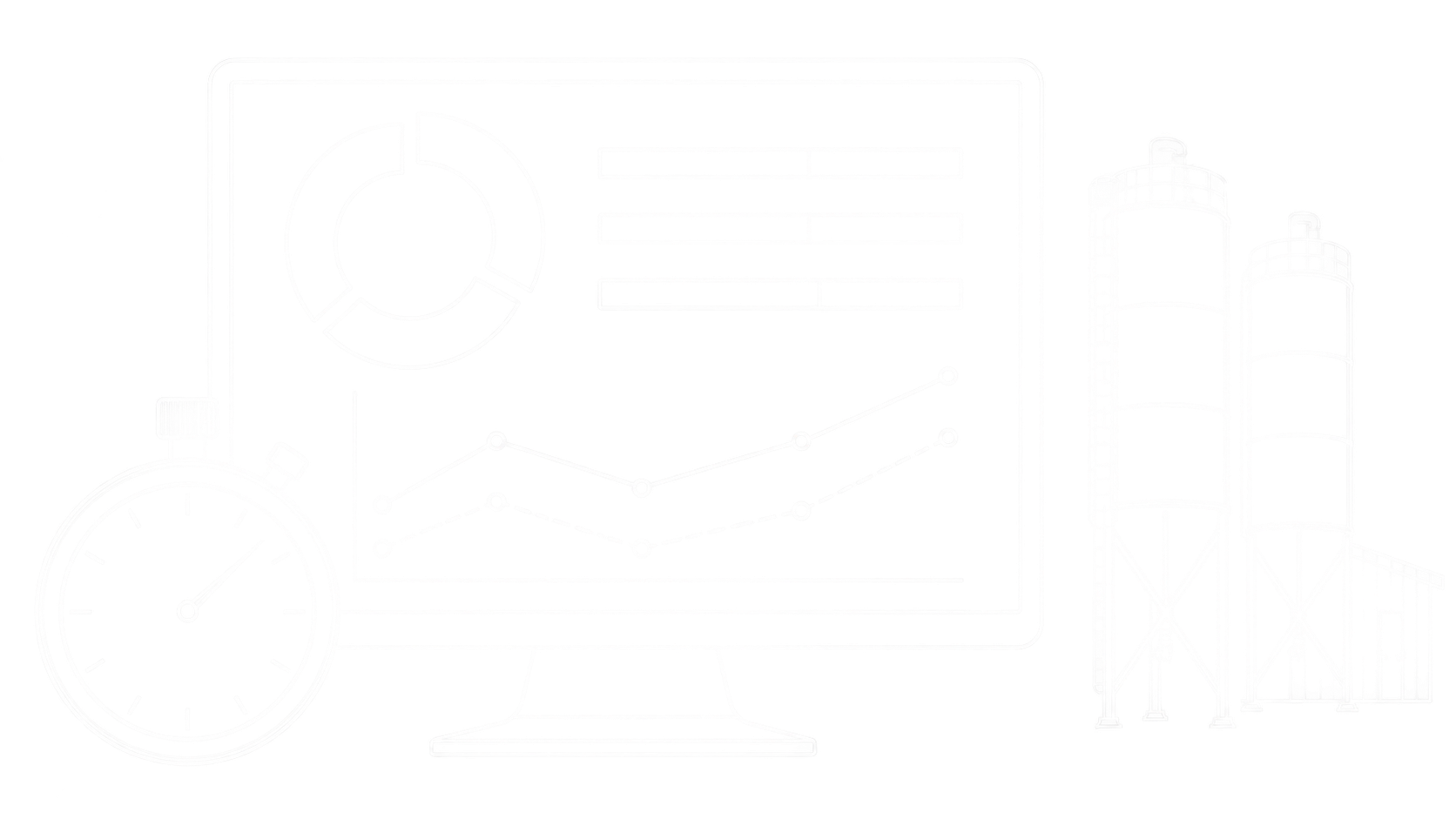 Weiße Linienillustration einer Kennzahlenübersicht mit Vergleichskurven, Stoppuhr und Baustoffsilos für die Disposition