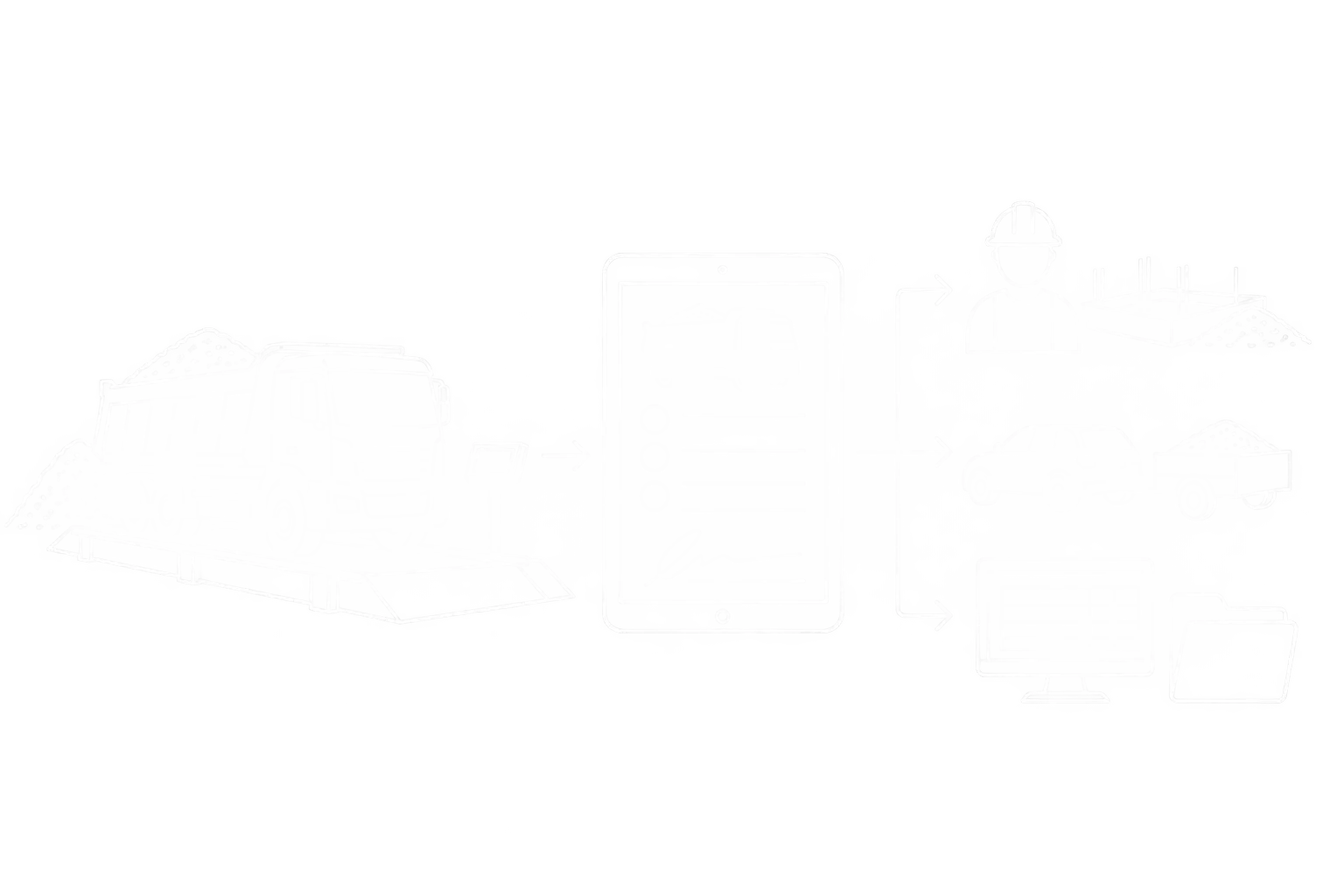 Weiße Linienzeichnung: Digitaler Lieferschein aus der Kieswerkswaage mit passenden Zustellwegen für Bauunternehmen, Privatkunden und Handel