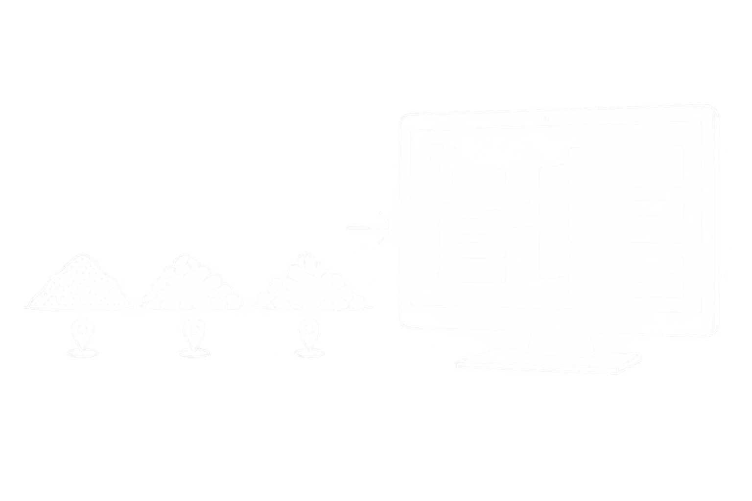 Weiße Linienzeichnung: Strukturierte Materialstammdaten mit Sand, Kies und Schotter sowie Zuordnung von Eigenschaften, Verkaufsartikeln und Lagerorten