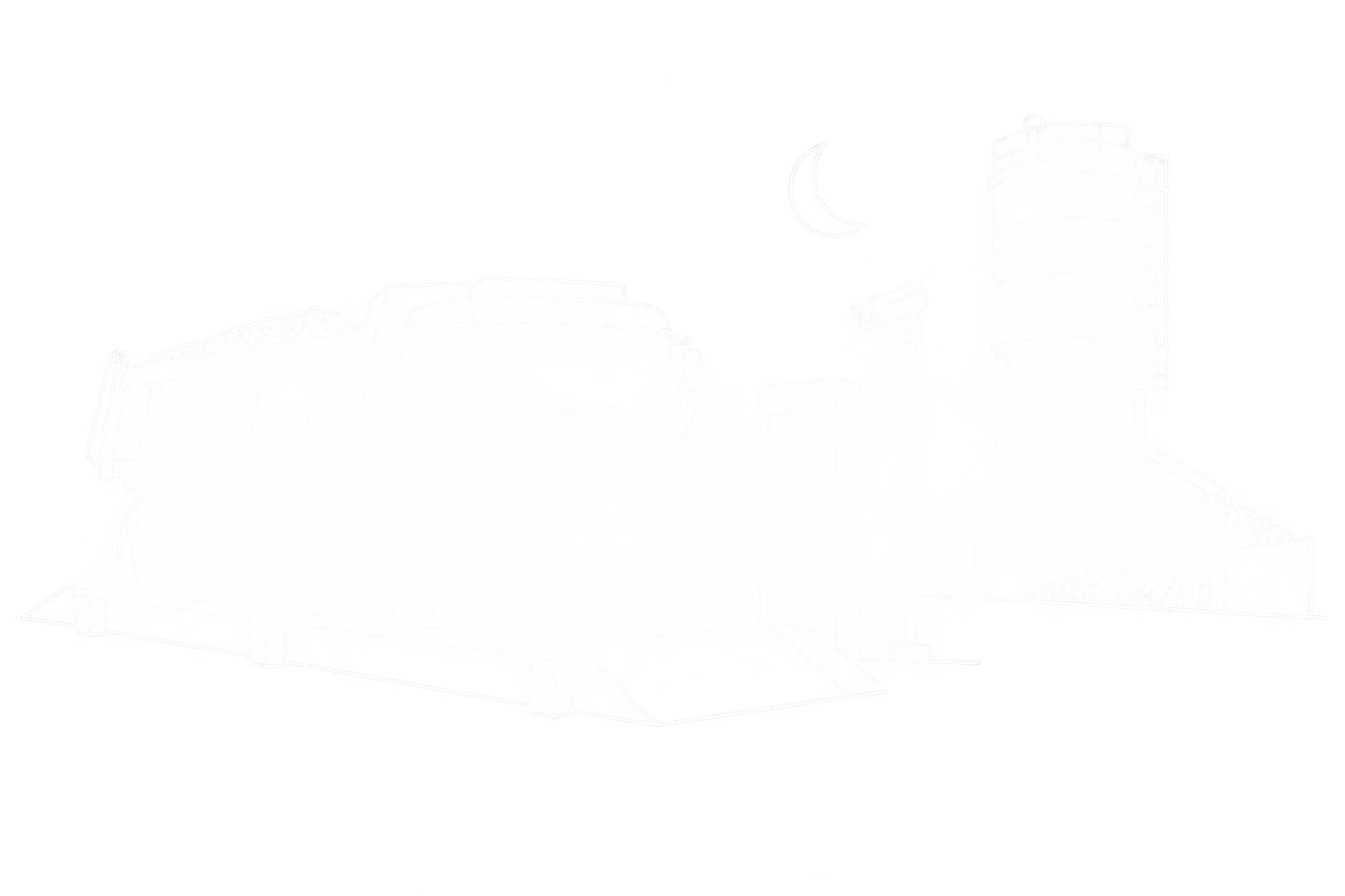 Weiße Linienzeichnung: Selbstbedienungswaage im Kieswerk mit Kipper, Kartenterminal, Kennzeichenerkennung und Belegausgabe bei Nacht