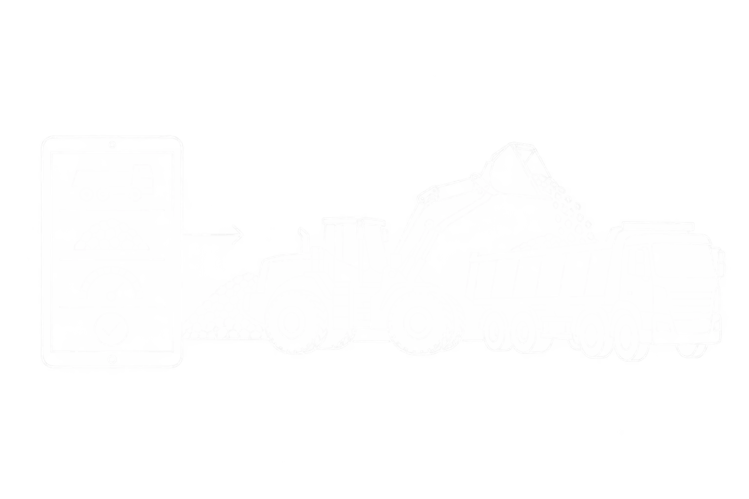Weiße Linienzeichnung: Digitale Verladeanweisung mit Fahrzeug, Halde und Zielmenge für den Radlader beim Beladen eines Kippers