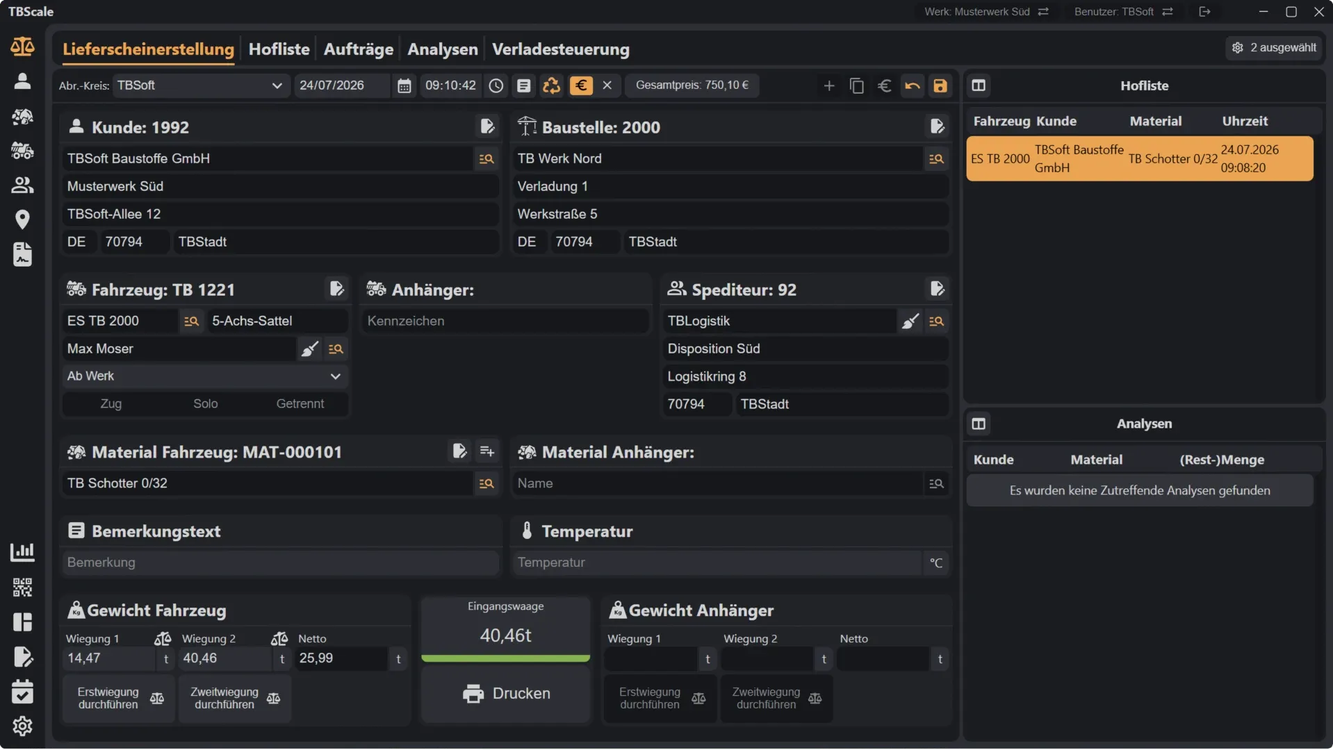 Screenshot der TBScale-Wiegesoftware mit Wiegevorgang und Auftragsübersicht