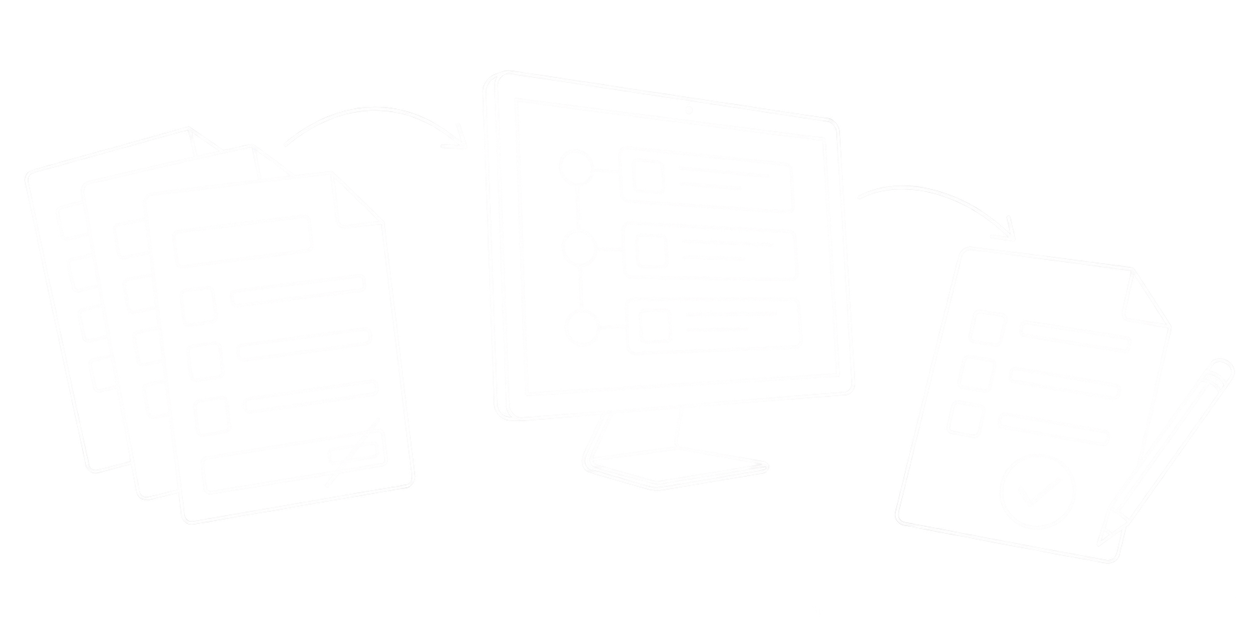 Feine weiße Linienzeichnung ursprünglicher Belege, eines Monitors mit Änderungshistorie und eines berichtigten Belegs mit Häkchen und Bleistift