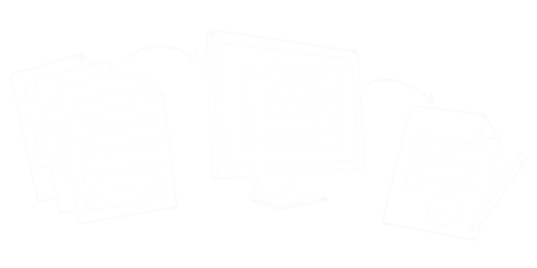 Feine weiße Linienzeichnung ursprünglicher Belege, eines Monitors mit Änderungshistorie und eines berichtigten Belegs mit Häkchen und Bleistift