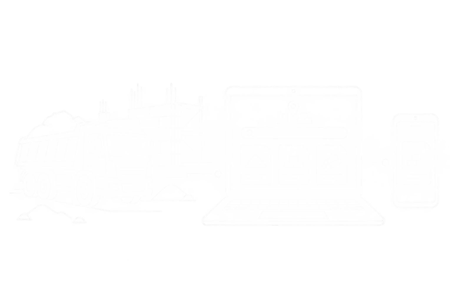 Weiße Linienzeichnung eines Kundenportals auf Laptop und Smartphone mit Belegen zu einer Baustofflieferung