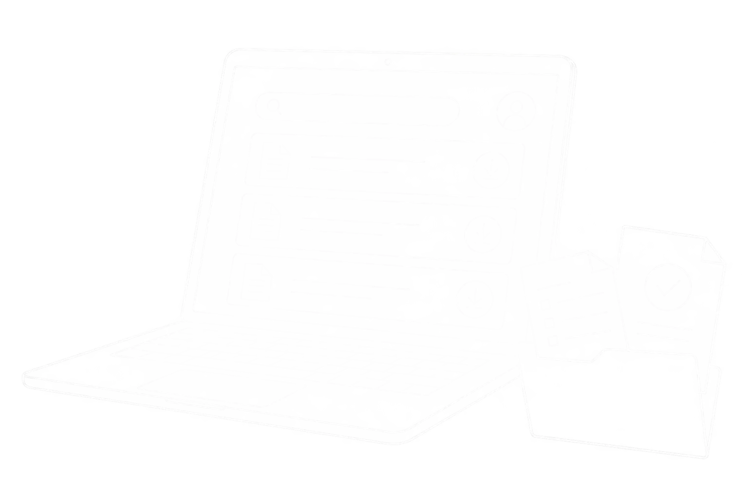 Weiße Linienzeichnung eines Laptops mit Dokumentensuche im Kundenportal sowie Lieferscheinen und Rechnungen