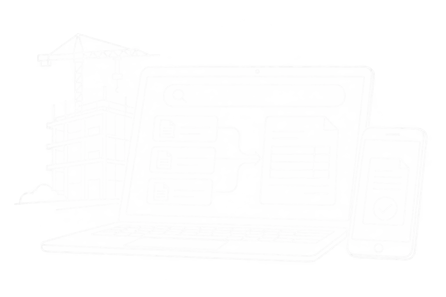 Weiße Linienzeichnung eines Kundenportals mit Suche und verknüpften Lieferscheinen und Rechnungen