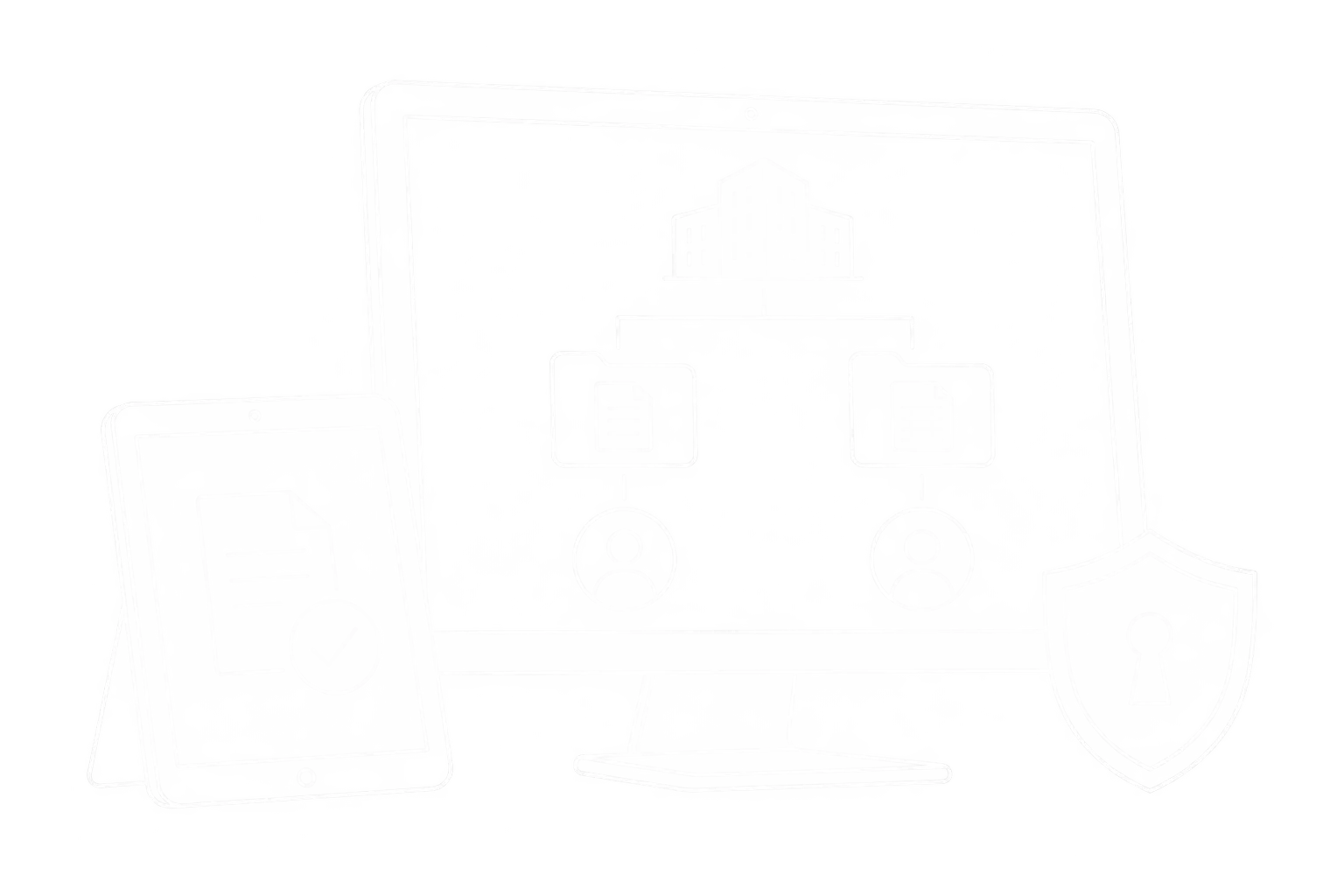 Weiße Linienzeichnung eines Kundenportals mit rollenabhängigen Zugängen zu Baustellen und Belegen