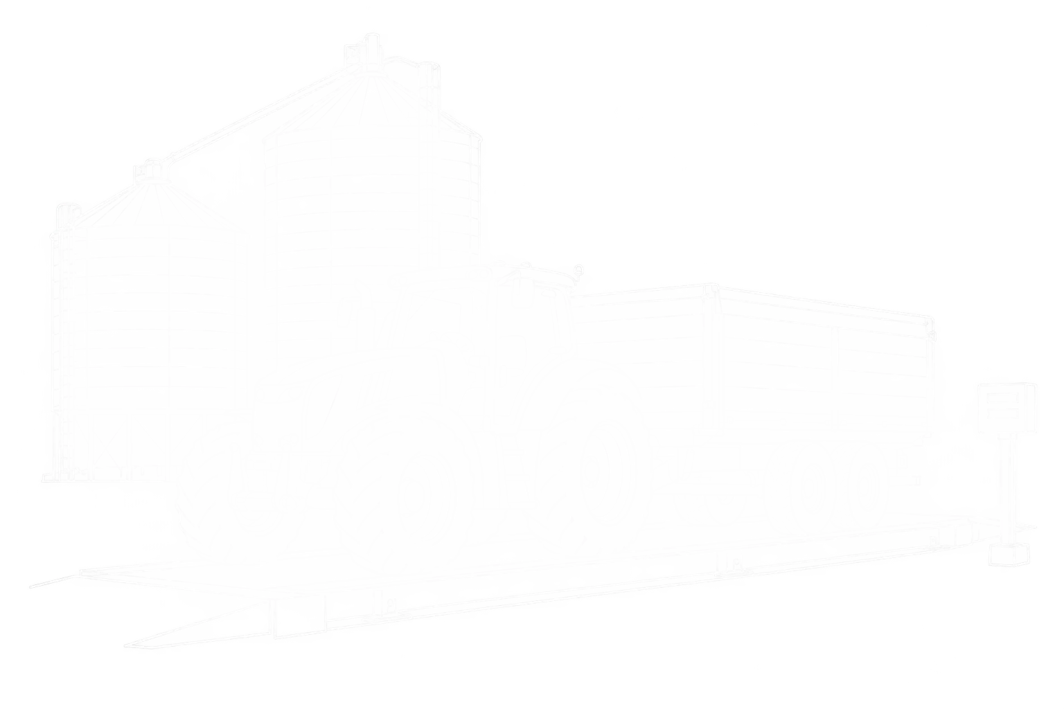 Weiße Linienzeichnung eines Traktors mit Getreideanhänger auf einer Fahrzeugwaage vor Getreidesilos