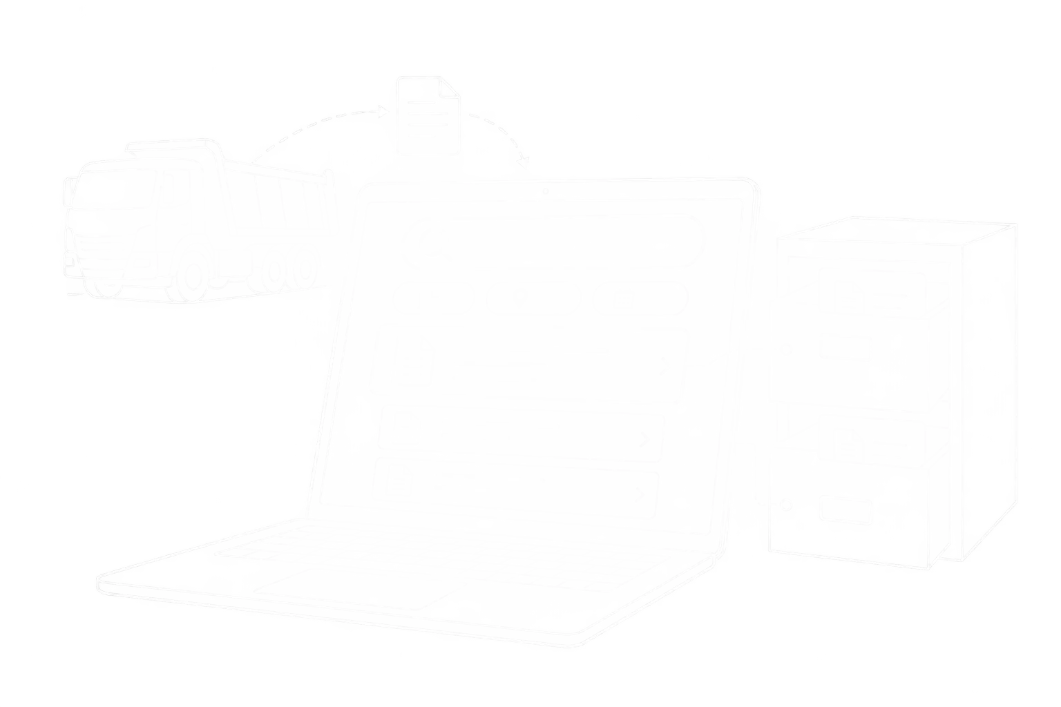 Weiße Linienzeichnung eines durchsuchbaren digitalen Belegarchivs mit zugeordnetem Lieferschein