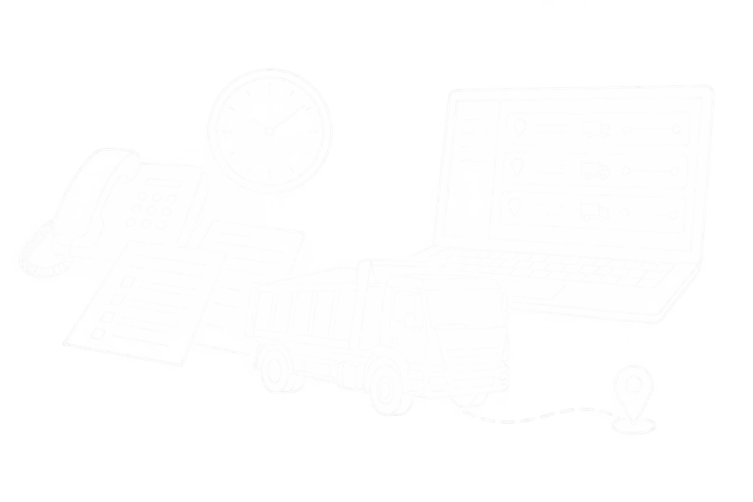 Weiße Linienzeichnung von manuellen Dispositionsunterlagen, Telefon und Uhr neben einer digitalen Plantafel