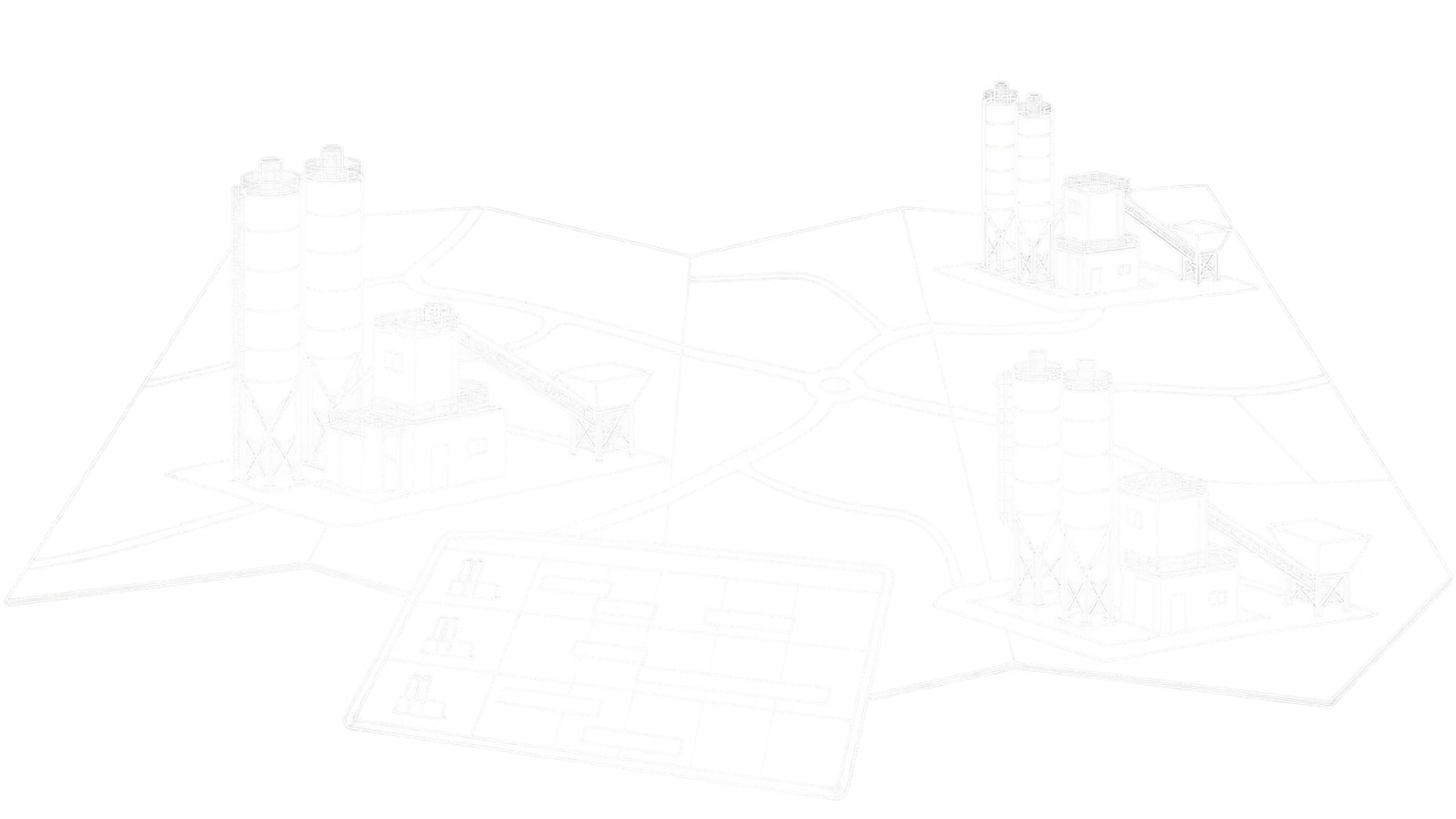 Feine weiße Linienzeichnung dreier Betonwerke auf einer gefalteten Standortkarte mit einer gemeinsamen Plantafel