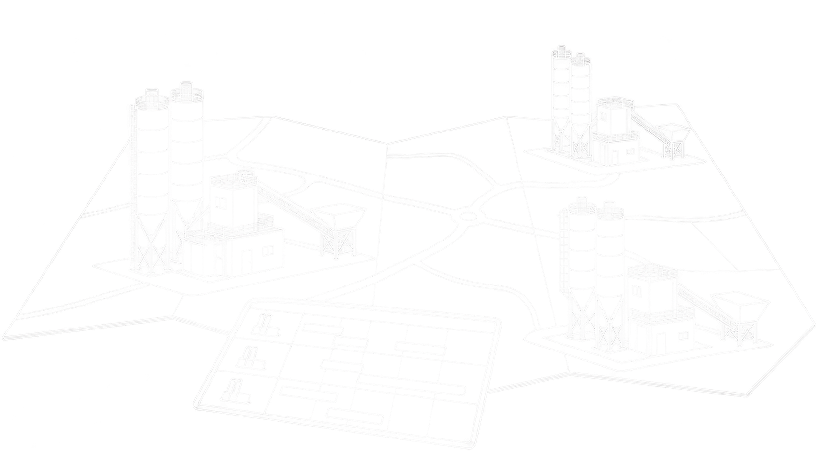 Feine weiße Linienzeichnung dreier Betonwerke auf einer gefalteten Standortkarte mit einer gemeinsamen Plantafel