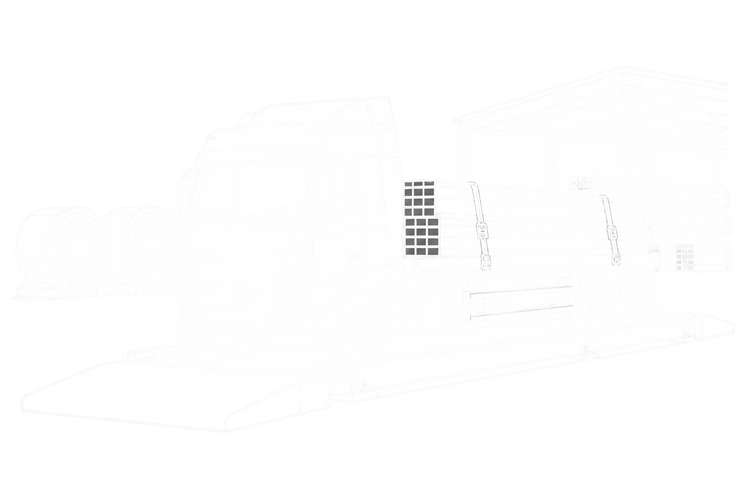 Weiße Linienzeichnung eines Lkw mit Stahlprofilen auf einer Fahrzeugwaage neben Metallcoils und Lagerhalle