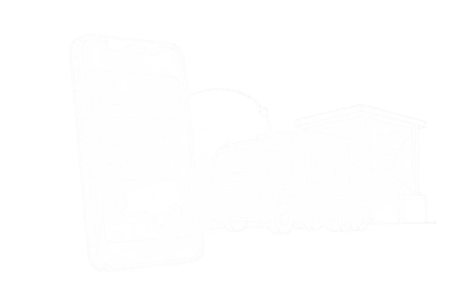Weiße Linienzeichnung eines Smartphones mit Auftrag und Route neben einem Baustoff-Lkw