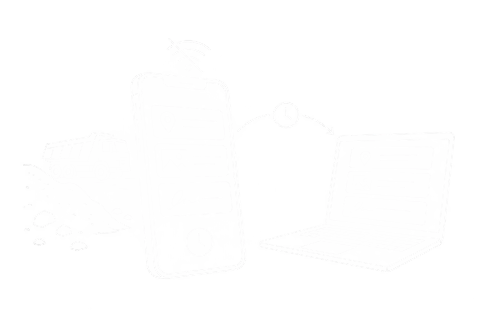 Weiße Linienzeichnung eines Smartphones mit lokal wartenden Meldungen und späterer Synchronisation zum Büro